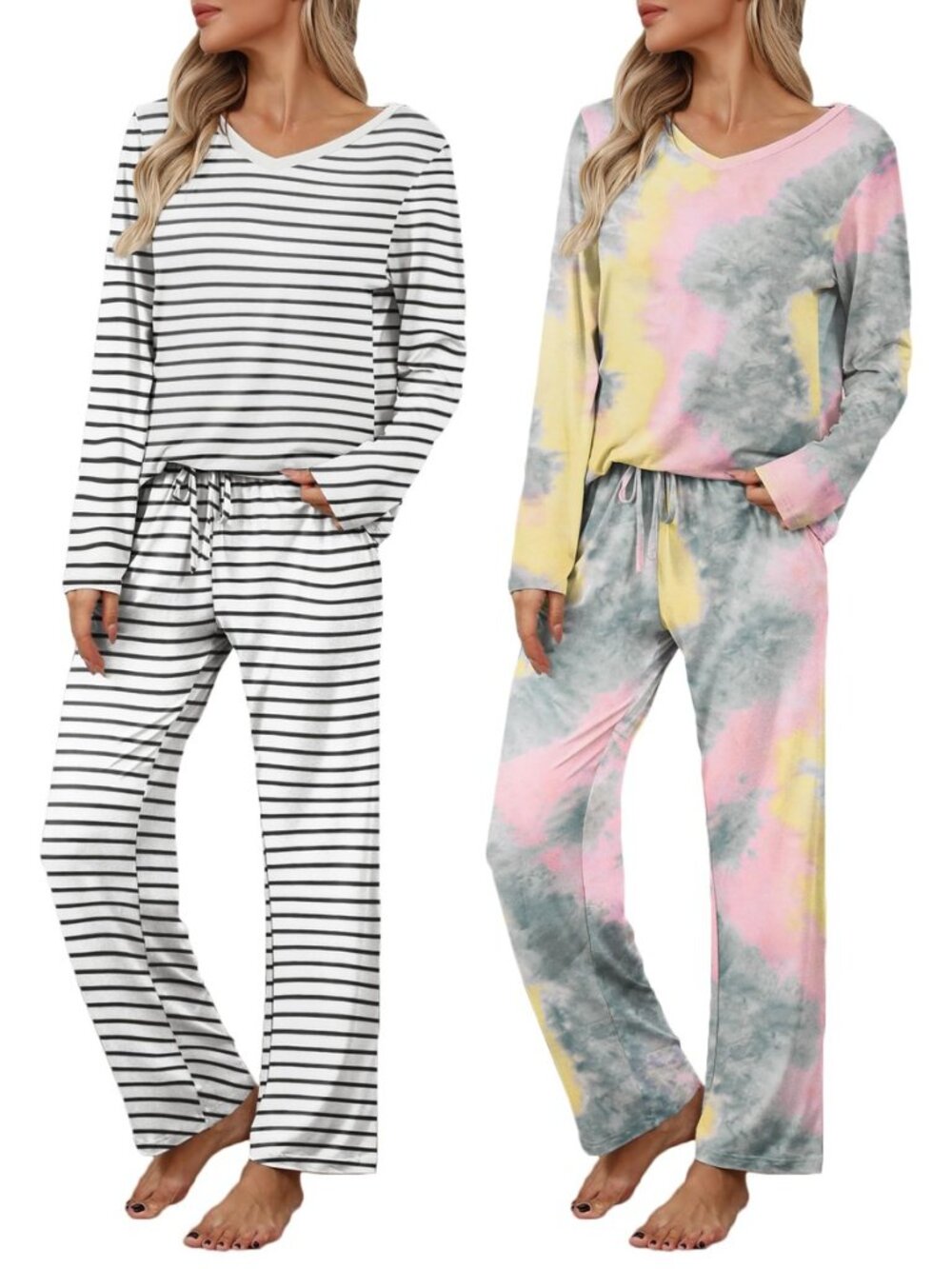 Women's 2 Pack Long Sleeve Pajama Sets V Neck Lounge Sets